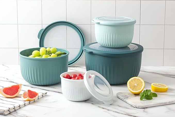 COOK WITH COLOR 4pc Plastic Mixing Bowl Set with Lids (Teal Ombre, 210 ml, 550 ml, 1150 ml, 3500 ml) - Sturdy, Nesting, BPA Free, Dishwasher Safe, Food Safe, Bowls for Cooking and Baking