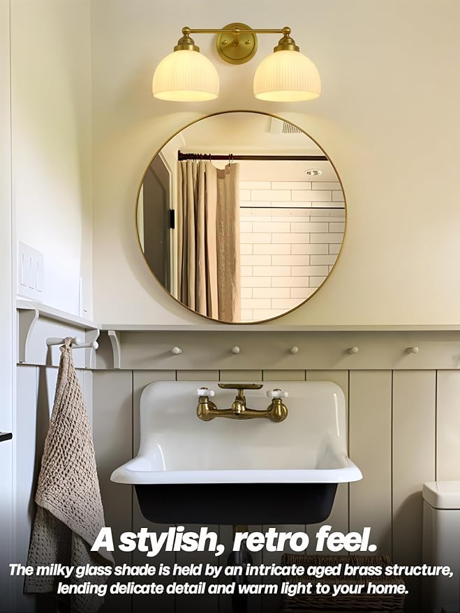 2-Lights Milk White Glass Wall Sconce Lighting Brass Finished, Double Arm Bathroom Vanity Light Fixture for Bedroom Living Room Dining Room Hallway