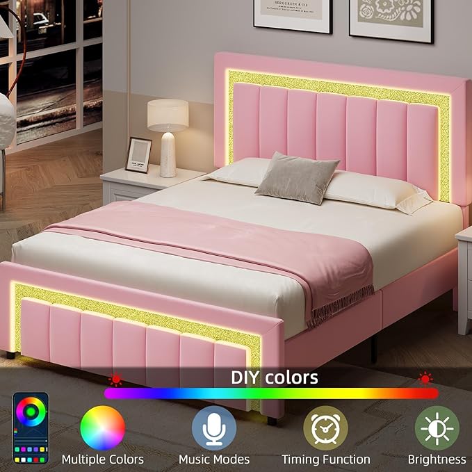 HOMBCK Bed Frame Full Size with LED Lights and Velvet Upholstered Headboard, Bed Frame Full with Modern Diamond Headboard Adjustable, Wooden Slats Support, Noise Free, No Box Spring Needed, Pink