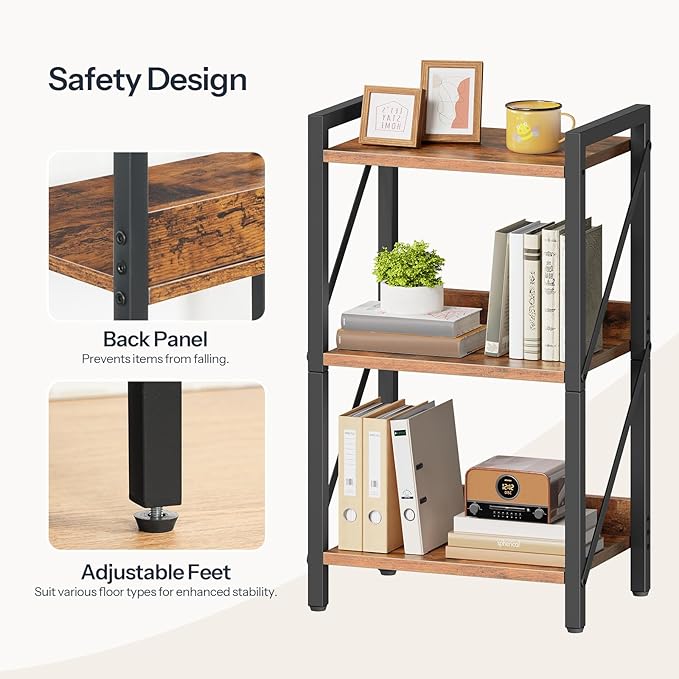 HOOBRO Bookshelf, 3-Tier Industrial Bookcase, Book Shelf Storage Organizer, Small Bookshelf with Metal Frame for Living Room, Bedroom, Home Office, Kitchen, Rustic Brown and Black BF71SJ01