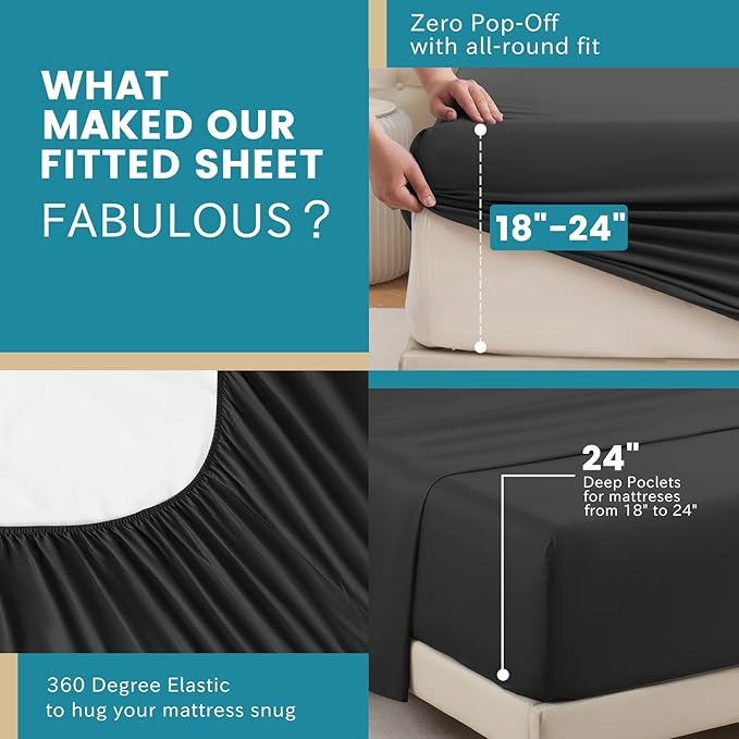 Bedlifes Queen Sheet Set, Extra Deep Pocket 18-24 Inches,1000Thread Count 100% Egyptian Cotton, Soft and Breathable Sateen 4-Piece,Black