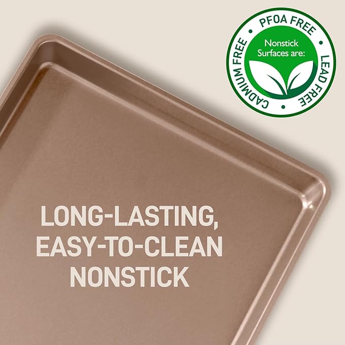 NutriChef 3-Piece Nonstick Baking Pans Set - Thick Carbon Steel Oven Bake Trays - Includes XL, Medium, & Small Sizes - Versatile Cookie Sheets for Baking & Roasting, Dishwasher Safe - Gold