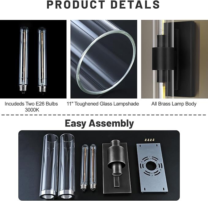 Bathroom Black Vanity Vertical Linear Light - 2-Light Tube Wall Sconces, 24" Vertical Vanity Wall Lighting, E26 Bulb Included