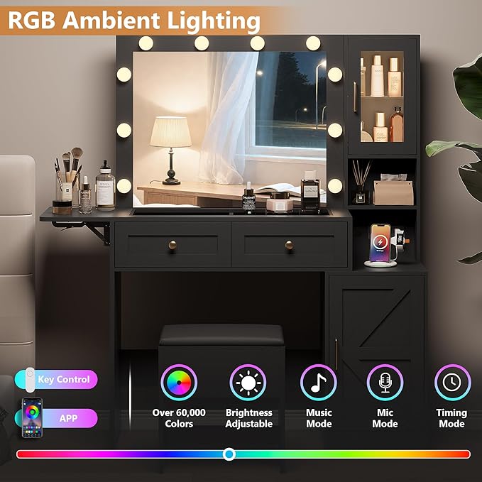 Makeup Vanity Desk with Mirror and Lights, Black Vanity Table with LED Lighted Mirror & Power Outlet, Dressing Table with Chair, Large Storage Drawer & Cabinet, and Foldable Panel for Girls’ Bedroom