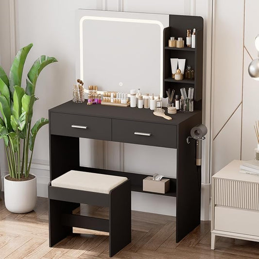 Makeup Vanity with Lighted Mirror & Electrical Outlet - 2 Shelves, 2 Drawers, Bottom Storage - Comes with Upholstered Stool （Black）