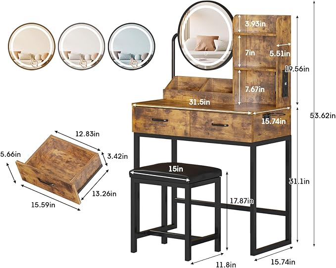 Makeup Vanity Desk with Round Mirror and Lights, Vanity Makeup Table with 2 Drawers, Small Vanity Table for Bedroom with Lots Storage (Brown with Charging, 15.75 * 31.5 * 53.6in)