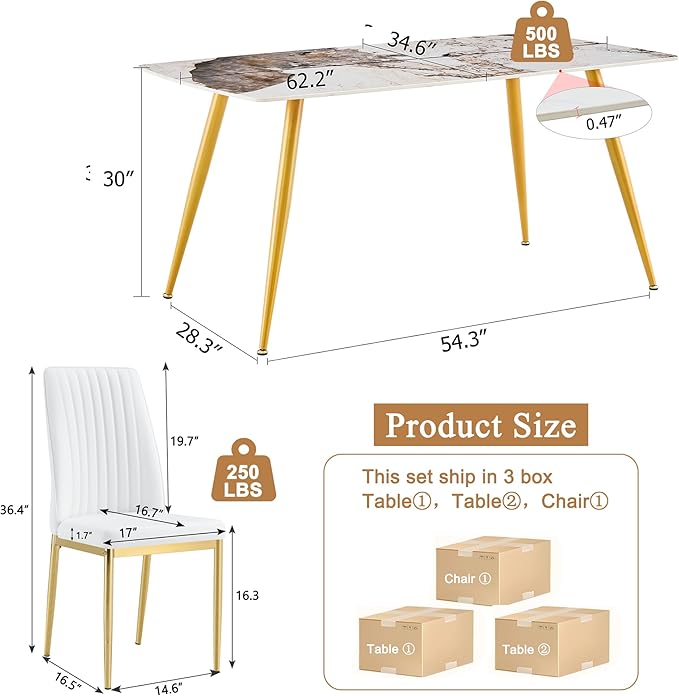 62" Marble Dining Room Table Set for 4 Rectangle Modern Dinner Table with Sintered Stone Top Golden Metal Legs Kitchen Table Chair Set for Dining Room (62" Golden+4White Chairs)