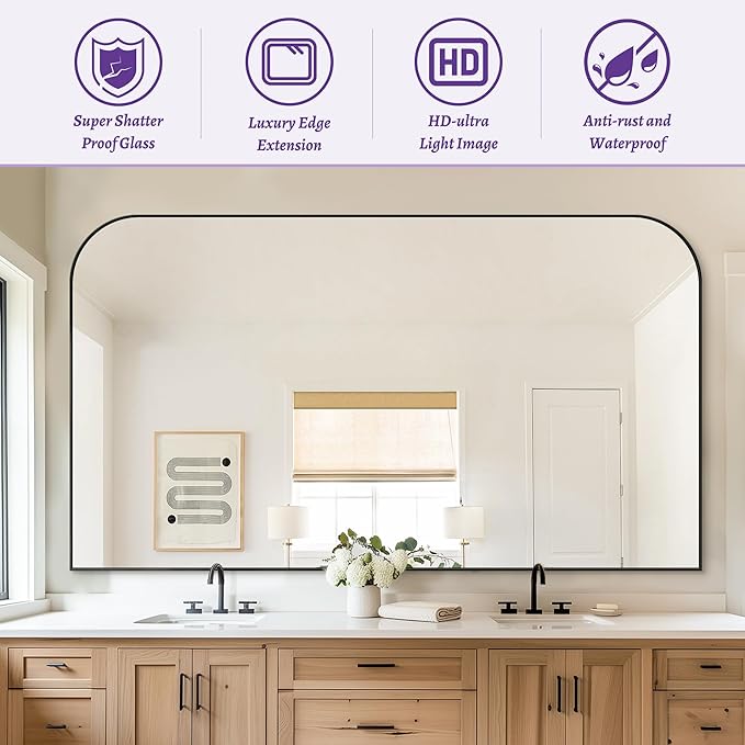 Bathroom Mirror, Wall Mirrors, Black Metal Framed Wall-Mounted Mirrors, Bathroom Vanity Mirror for Over Sink, Living Room, Bedroom, Entryway, 60x36 Inch, Black