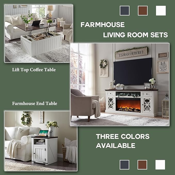 Farmhouse Fireplace TV Stand with 36" Electric Fireplace for 80 Inch TVs, 31" Tall Entertainment Center w/Drawer & Diamond Panel Door, Highboy Media Console for Living Room, 70inch, White