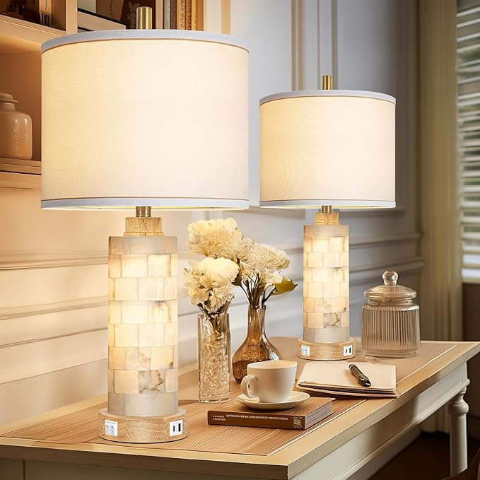 27" Natural Alabaster And Wood Table Lamp Set of 2 With Night Light Nightstand Lamps With USB Ports White Linen Fabric Shade Bedside Lamp Decor For Living Room Bedroom Home Office Hotel Bar House