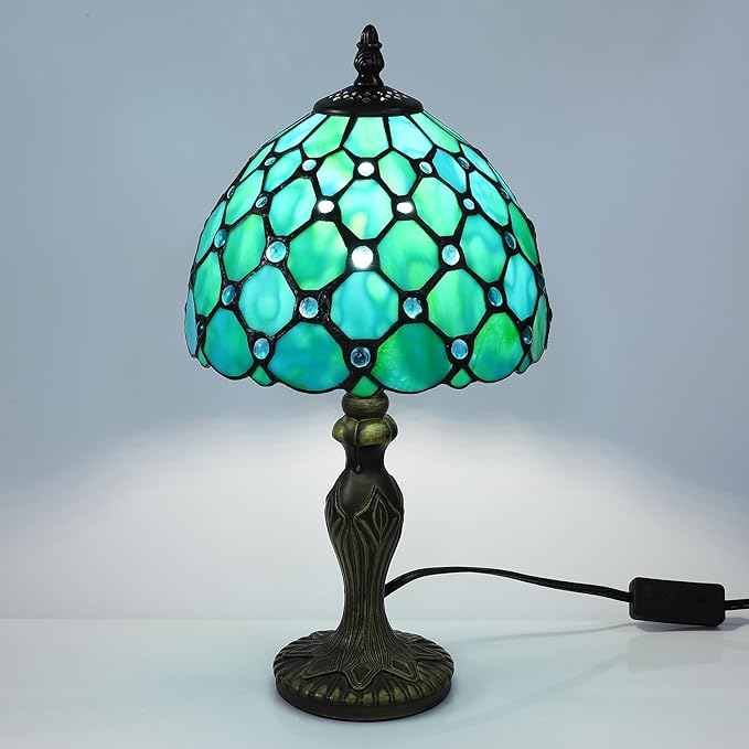 Tiffany Table Lamp Blue Beads Stained Glass 3 Way Table Lamps for Living Room Nightstand Bedside Bedroom Home Office Desk Lamps W/LED Bulb 8X8X15Inch