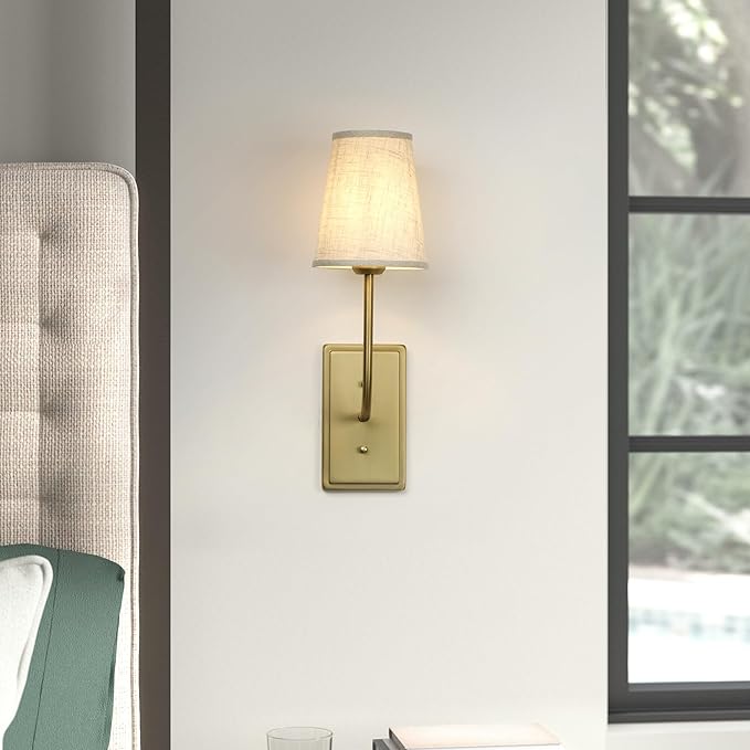 Vintage Brass Wall Sconce 1-Light, Linen Fabric Shade Wall Lamp Hardwired Indoor Wall Light for Bedroom Living Room Vanity Bathroom