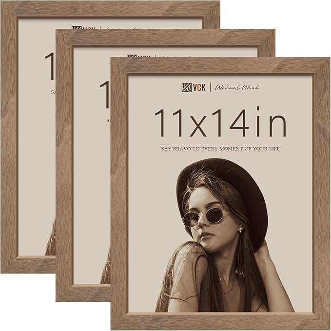 VCK 11x14 Brown Walunt Picture Frames 3 Pack, High-End Wood Wide Border Poster Frame,Tabletop & Wall Hanging, Multi-Directional Display Family Photos, Office Prints, Studio/Gallery/Home