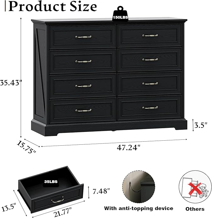 Farmhouse 8 Drawers Dresser for Bedroom, 48" Wide Modern Chest of Drawers with Deep Drawers & Bar Handles, Rustic Wood Dresser TV Stand, Wooden Closet Storage Organizer for Living Room, Hallway, Black
