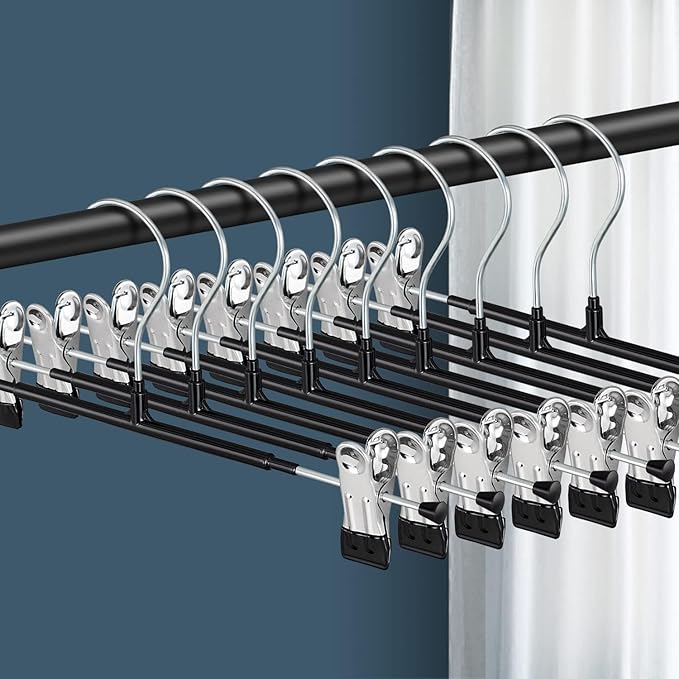 10 Pack 14Inch Heavy Duty Pants Skirt Hangers with Clips,Metal Trousers Hanger for Jeans Black Non Slip Women Shorts Hangers Saving Space Clothing Hanger for Adult,Men,Children,Kid,Baby
