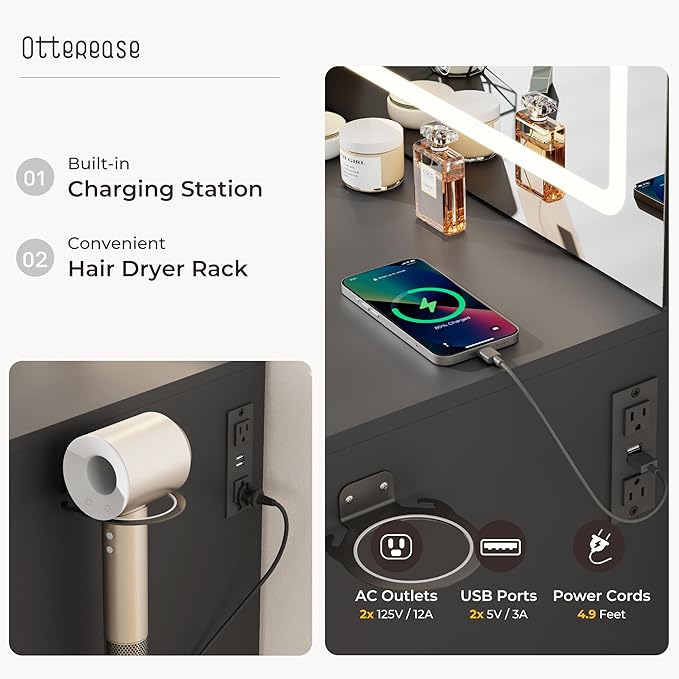 Vanity Desk with Mirror and Lights, 3 Lighting Colors and Power Outlet Makeup Vanity Desk with 5 Large Drawers and 3 Storage Shelves, Black Vanity with Storage Stool for Bedroom