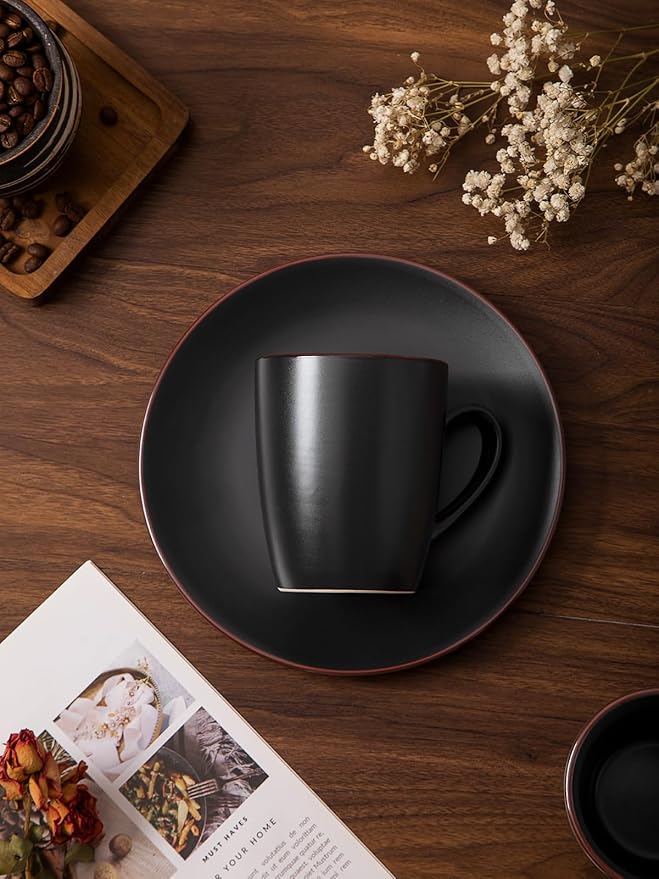 famiware Venus Coffee Mugs for 6, 14 oz Mug Set, Dringking Cup with Handle for Coffee, Tea, Cocoa, Milk, Matte Black