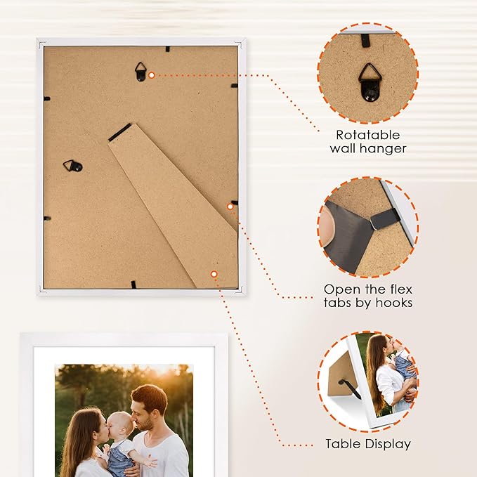 FIXSMITH 8x10 Picture Frame Set of 2, Photo Frame with HD Plexiglass, Display Pictures 5x7 with Mat or 8x10 Without Mat, White Picture Frames Collage for Tabletop or Wall Display