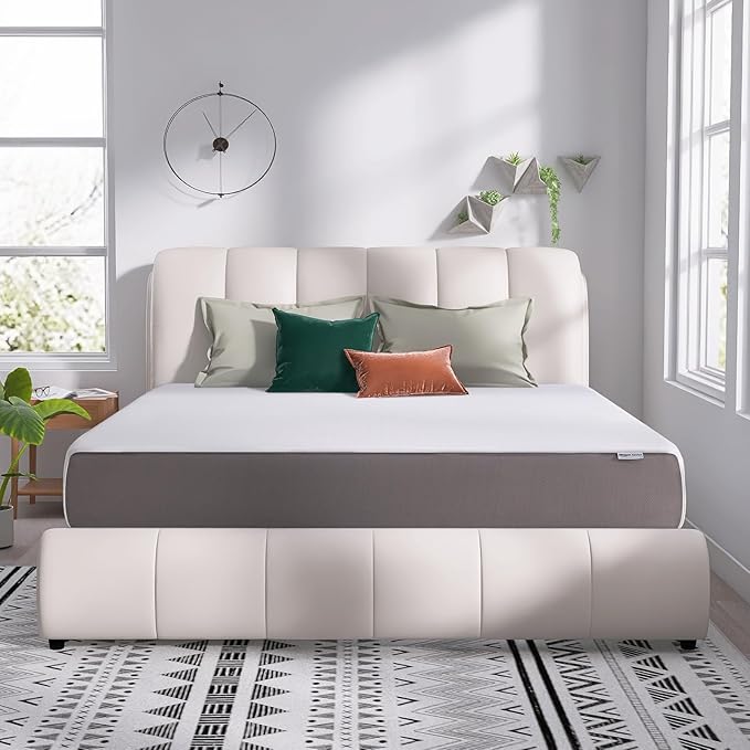 Amazon Basics Memory Foam Mattress, Soft Plush Feel, California King, White/Grey, 84 x 72 x 12 inches (LxWxH)