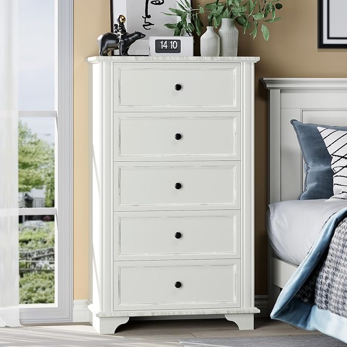 VINGLI White Dresser, 47" Tall Dresser Wood, 5 Drawer Dressers for Bedroom, White Chest of Drawers
