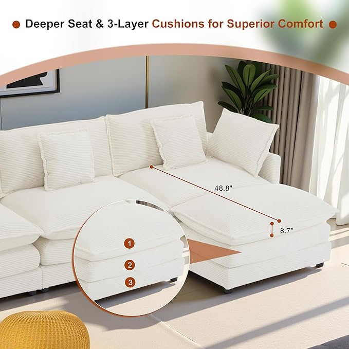 149.6" Sectional Couch, Upholstered Modular Sofa L Shaped Couch with Ottoman, Sectional Couches for Living Room and Office, Beige