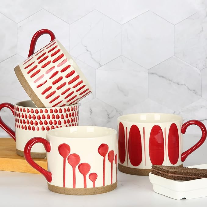 Koja Hand Painted 15 oz. Porcelain Ceramic Mugs Set. Service for 4. (Hand Painted - Red)