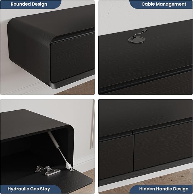 Fully-Assembled Minimalist Floating TV Stand, Modern Wall-Mounted Entertainment Center with 4 Flip-Down Cabinet Doors, Solid Wood Media Console, Black Oak, 94"