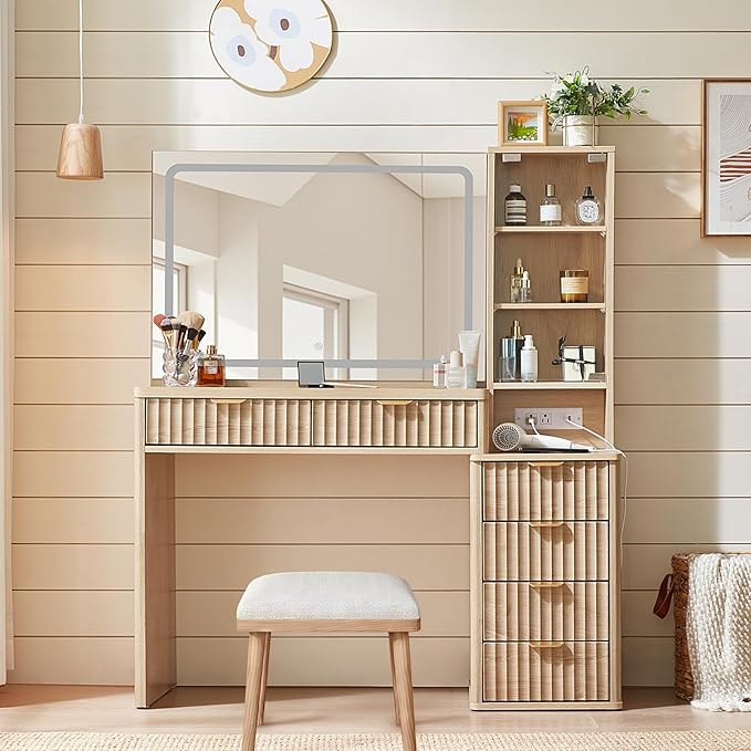 LEYAOYAO Vanity Desk with Mirror and Lights, 43.5'' Fluted Makeup Vanity with 6 Drawers and Adjustable Shelves, Natural Wood Make Up Vanity Dressing Table with Glass Top and Power Outlet for Bedroom