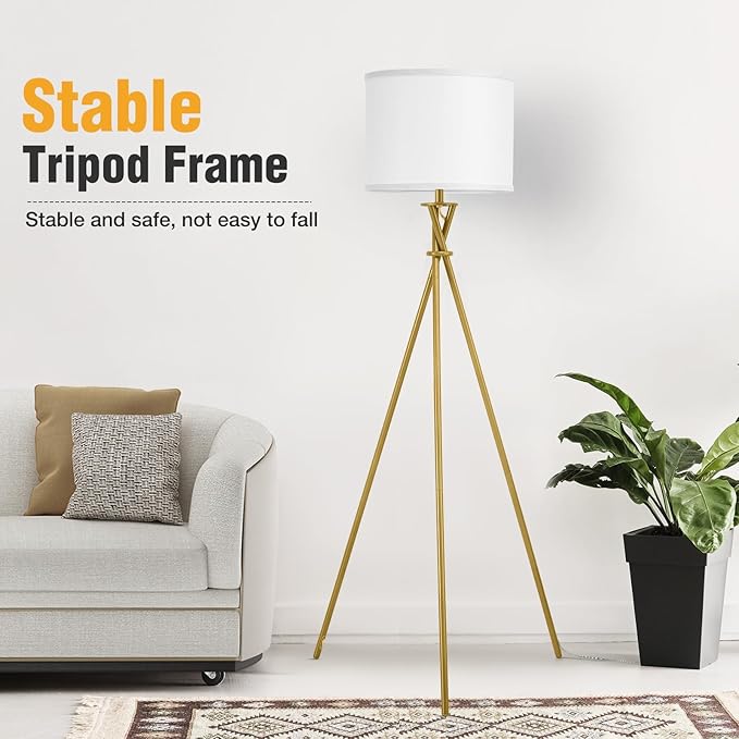 Gold Tripod Floor Lamp, 61”Tall Floor Lamps, Standing Lamp with Rotary Switch, Modern Floor Lamp Simple Design with White Shade, Floor Lamps for Living Room, Bedroom, Office, Without Bulb