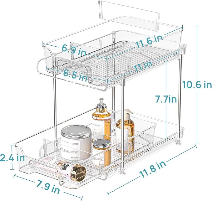 Vtopmart 4 Pack 2 Tier Bathroom Under Sink Organizers and Storage, Clear Kitchen Pantry Organization, Pull Out Medicine Cabinet Organizer with Movable Dividers