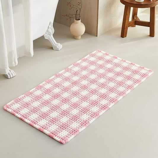 Waffle Bath Mat, Boho Bathroom Rugs Non Slip Washable Absorbent Checkered Bathroom Mat Quick Dry Cute Bath Mat, 48"x24" Pink and White