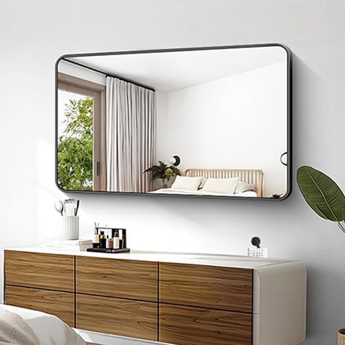 KOCUUY Black Bathroom Vanity Mirror, 30 x 48 inch Metal Frame Mirror with Rounded Corner, Rectangle Design of Upgraded Shatterproof Glass for Bathroom, Bedroom, Living Room, Entryway