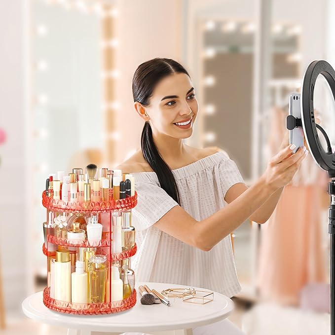 360 Rotating Makeup Organizer, DIY Adjustable Cosmetics Organizer[Patented Product], Professional Acrylic Make Up Caddy Shelf Storage Perfume, Lipsticks, Makeup Brushes or Accessories (Pink)