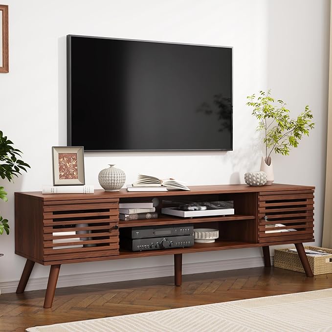 61" Mid Century Modern TV Stand for 50/55/60/70 inch TV, TV Media Console with Slatted Doors for TVs up to 70", Entertainment Center with Storage for Living Room, Bedroom, Walnut