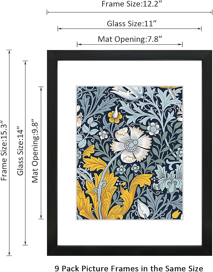 11x14 Picture Frame Set of 9 for Pictures 8x10 with Mat or 11x14 Without Mat, Wall Gallery or Tabletop display Photo Frames in Black