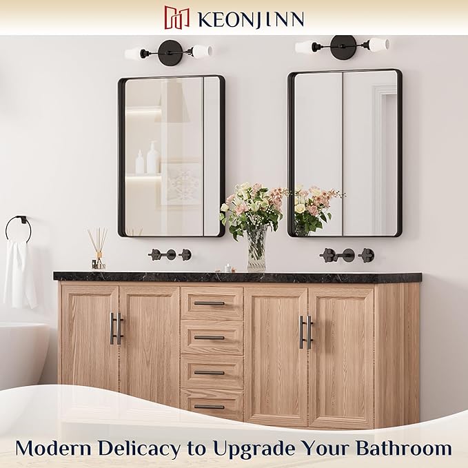 Keonjinn Black Bathroom Mirror, 22 x 30 Inch Rounded Rectangle Matte Black Bathroom Mirrors for Over Sink, Farmhouse Mirror with Seamless Frame, HD Tempered Glass Vanity Mirror(Horizontal/Vertical)