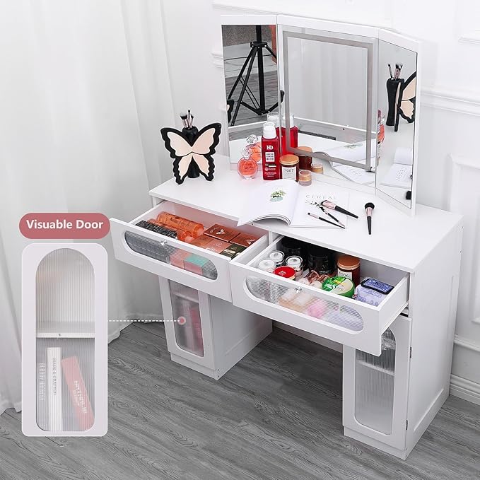 Vanity Desk with Tri-Fold Mirror and Lights, LED Makeup Vanity with 2 Drawers, 2 Doors Storage, Gifts for Girls/Women (White)