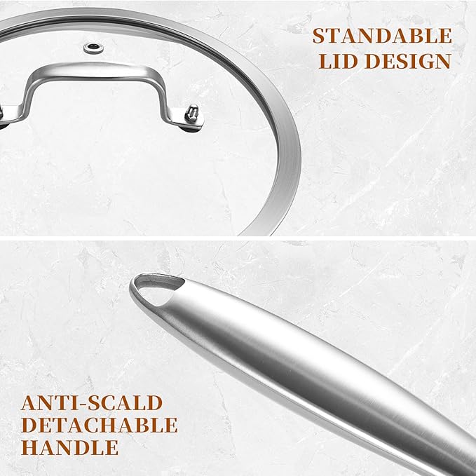 LOLYKITCH 9.5 Inch Tri-ply Stainless Steel Frying Pan with Lid,Skillet,Induction Cooking Pan,Dishwasher and Oven Safe,Riveted Handle.