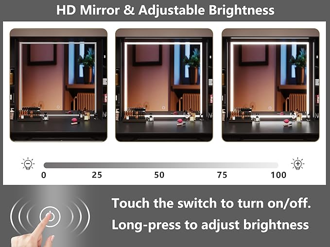 Vanity Desk with Lighted Mirror, 47” Heavy-Duty Large Makeup Vanity, 9 Drawer Dressing Table with Mirror, Elegant Make Up Desk for Bedroom (Black)