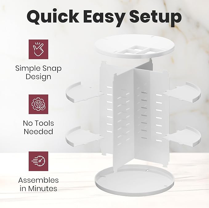 Masirs 360 Rotating Makeup Organizer - Adjustable Shelf Height and Fully Rotatable. The Perfect Cosmetic Organizer for Bedroom Dresser or Vanity Countertop. (White)