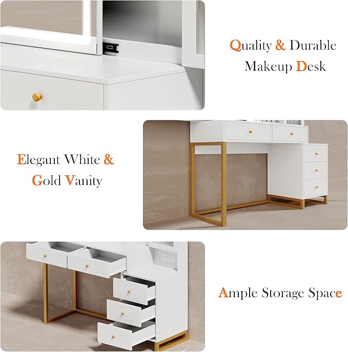 White Makeup Vanity Desk with Sliding Mirror and LED Lights,Power Outlet&Vanity Stool for Makeup Table,Makeup Organizer Countertop Cabinets&5 Storage Drawers, Vanity Table for Women