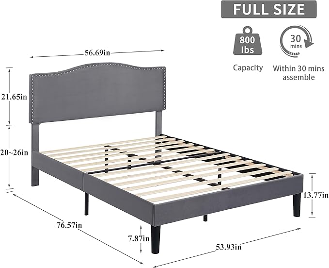 VECELO Full Bed Frame, Platform Bed Frame with Adjustable Height Upholstered Headboard, Heavy-Duty Frame and Strong Wooden Slats Support, Non-Slip and Noise-Free, Easy Assembly, Dark Grey