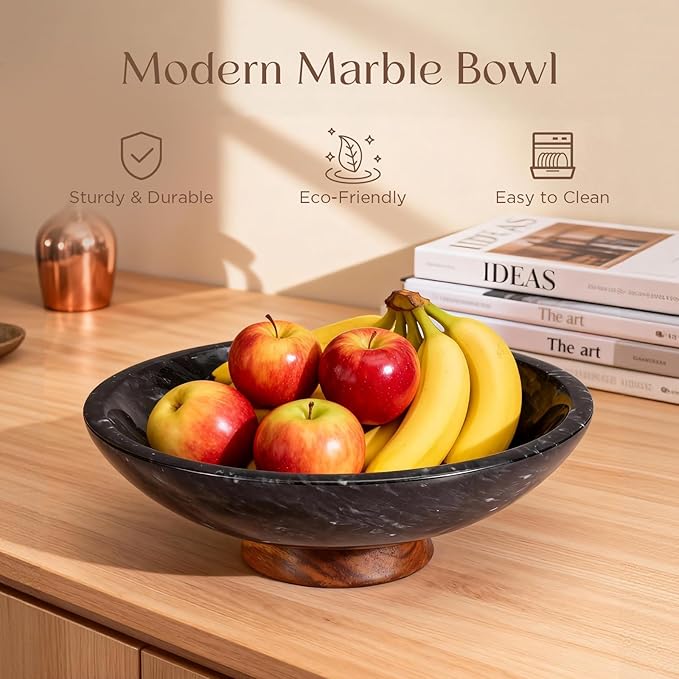 Black Marble Fruit Bowl with Acacia Wood Pedestal, Large Decorative Footed Bowl, Natural Stone Centerpiece for Kitchen Counter, Entryway, Keys, Dining Table, House Warming Gifts New Home(11Inch)