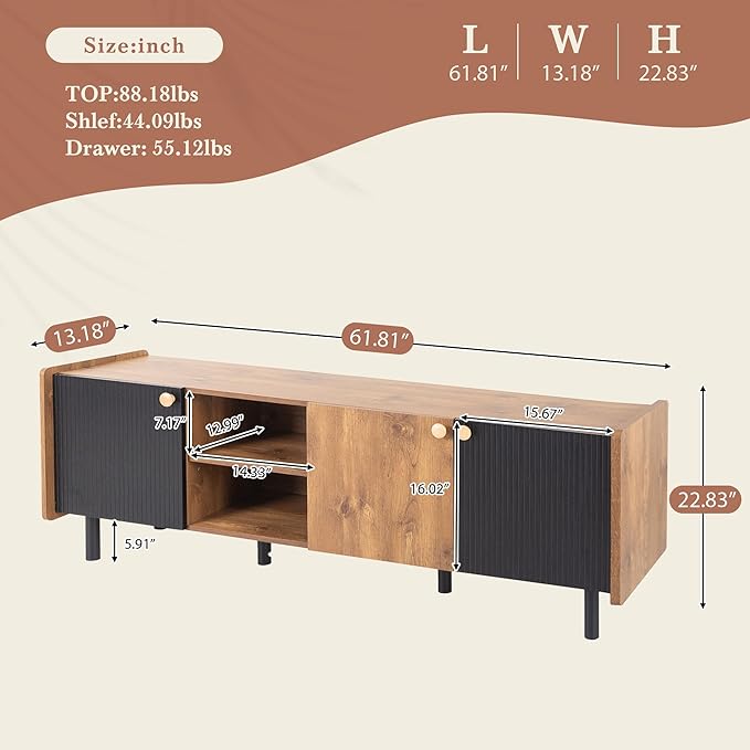 TV Stand for TVs up to 70 Inch TV, Mid Century Modern Entertainment Center with Storage Cabinets and Open Shelf, Media Console with Fluted Panel for Living Room