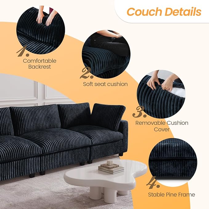 JACH 78" Deep Seat Sectional Couches, Convertable Modular Sleeper Sofa for Living Room, Love Seat Couch, Sofa Covers Washable, Modular Sectional Sofas for Living Room, Apartment, Black