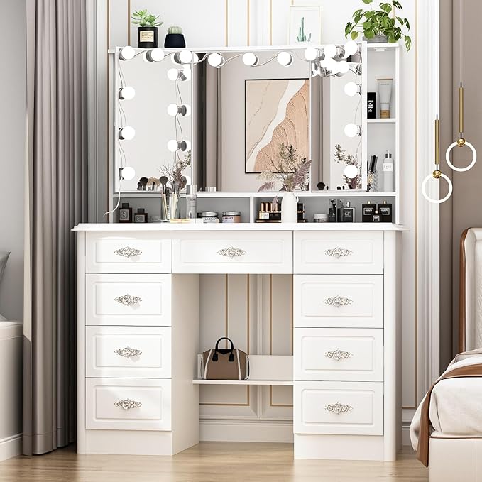 ECACAD White Makeup Vanity Desk with 15 Light Bulbs & 3 Mirrors, Modern Vanity Table Dressing Table with 9 Drawers, Hidden Shelves & Foldable Mirror, 3 Color Lighting Modes, Brightness Adjustable