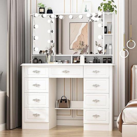 ECACAD White Makeup Vanity Desk with 15 Light Bulbs & 3 Mirrors, Modern Vanity Table Dressing Table with 9 Drawers, Hidden Shelves & Foldable Mirror, 3 Color Lighting Modes, Brightness Adjustable