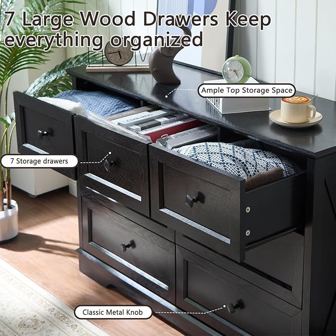 Farmhouse 7 Drawers Dresser for Bedroom with Charging Station, Wide Black 7 Chest of Drawers, Wood Dressers Organizer for Closet, Modern Storage Organizer Cabinet for Living Room,Hallway & Entryway﻿