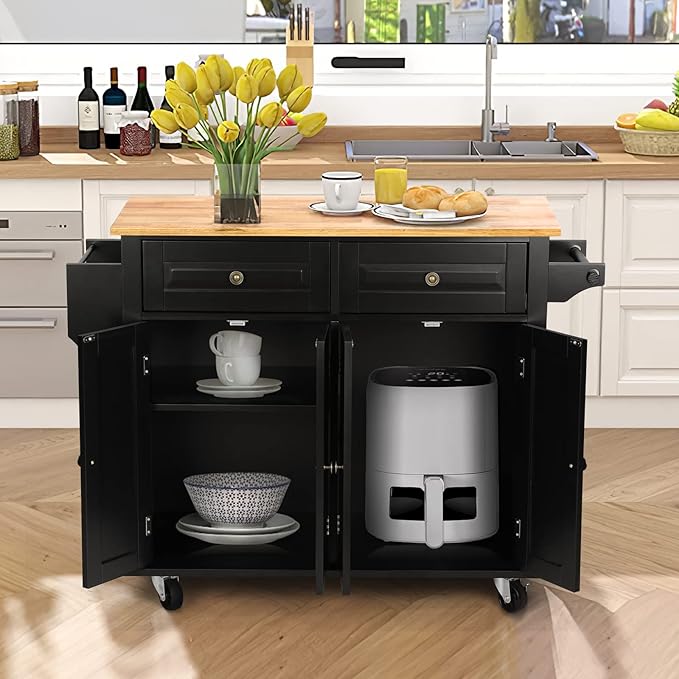 VOWNER Rolling Kitchen Island, Portable Kitchen Island with Storage, Floating Kitchen Cart with Spice Rack & Towel Rack, Drawer and Storage Cabinet, Isla para Cocina (Black)