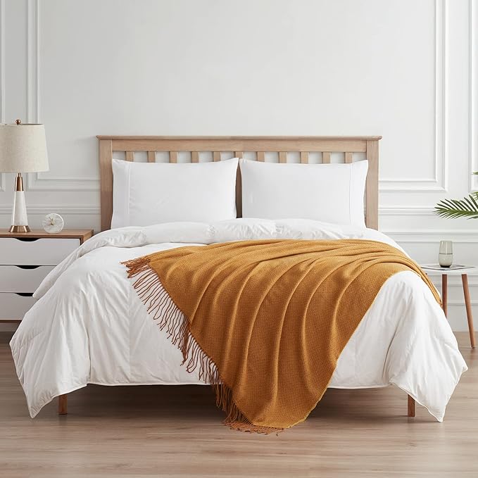 BOURINA Herringbone Two Tone Throw Blanket Faux Cashmere Fringe Soft Lightweight Cozy for Bed Couch Decorative Throws Blanket,Gold, 50" x 60"